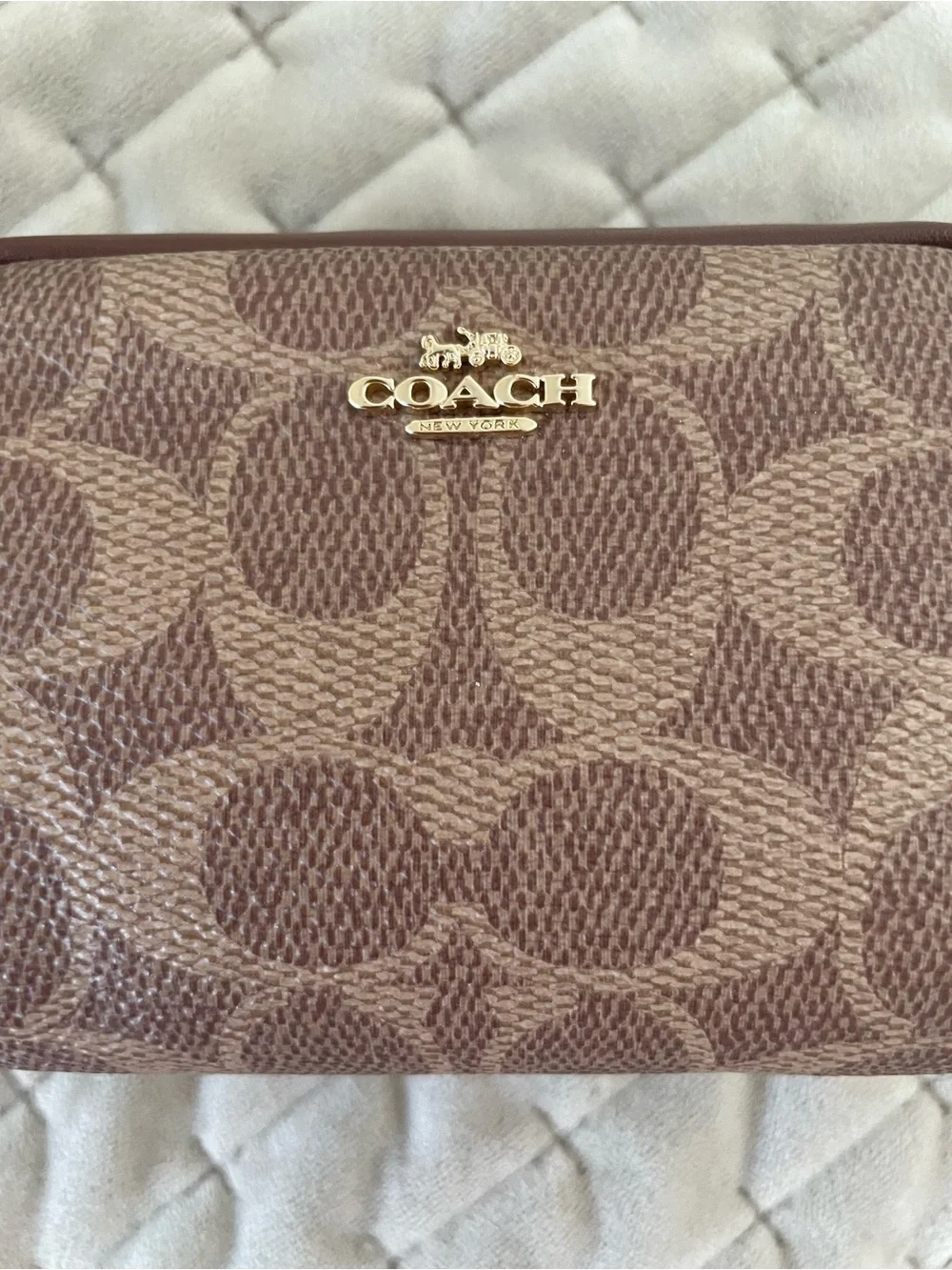 Coach Brown and Tan Interior Zip Pouch wristlet with Gold Hardware